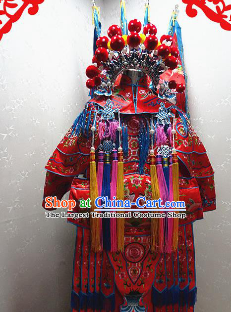 Chinese Traditional Beijing Opera Female General Red Embroidered Clothing Peking Opera Mu Guiying Costume for Adults