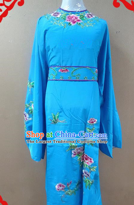 Professional Chinese Beijing Opera Niche Deep Blue Embroidered Peony Robe Traditional Peking Opera Scholar Costume for Adults