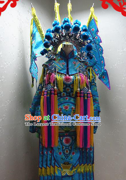 Chinese Traditional Beijing Opera Female General Blue Embroidered Clothing Peking Opera Mu Guiying Costume for Adults