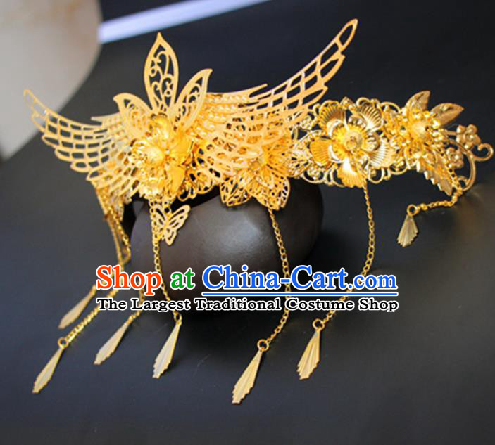 Chinese Traditional Wedding Hair Accessories Golden Phoenix Hair Comb Ancient Princess Hairpins for Women