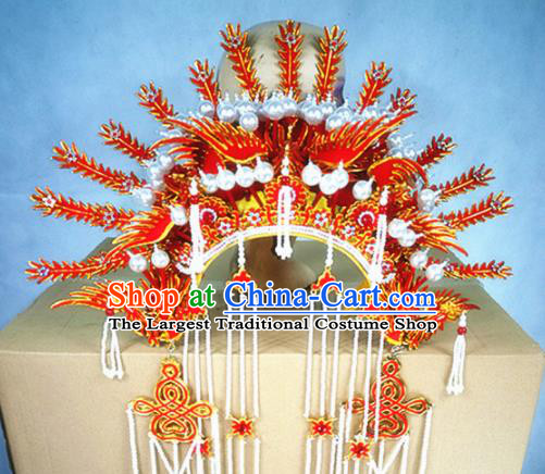 Chinese Traditional Beijing Opera Queen Hair Accessories Ancient Bride Red Phoenix Coronet