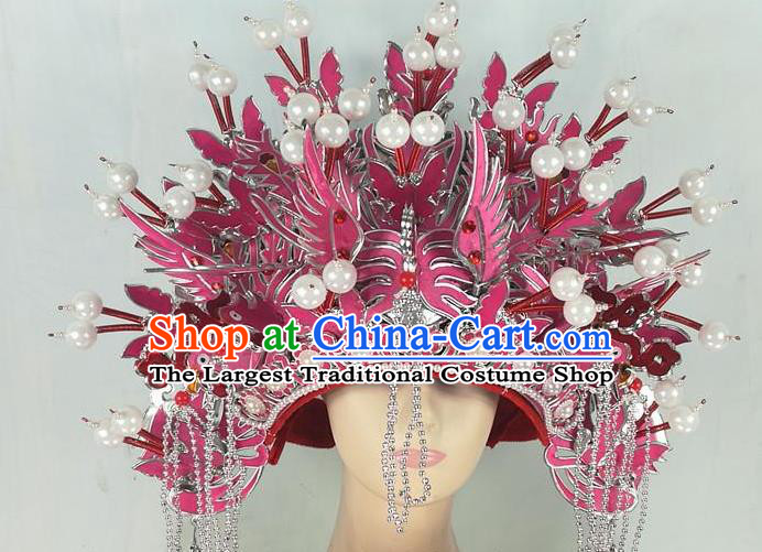 Chinese Traditional Beijing Opera Imperial Consort Hair Accessories Ancient Bride Pink Phoenix Coronet Headwear