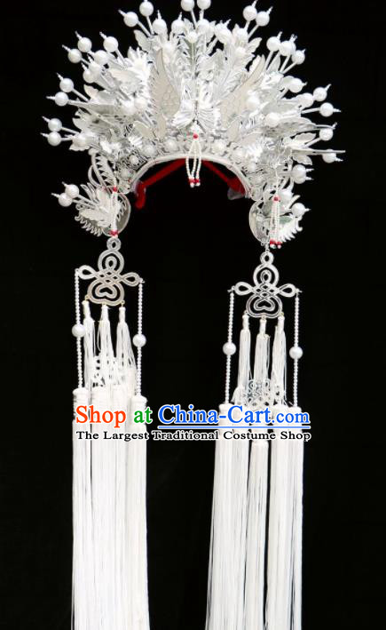 Chinese Traditional Beijing Opera Imperial Consort Hair Accessories Ancient Bride White Phoenix Coronet Headwear