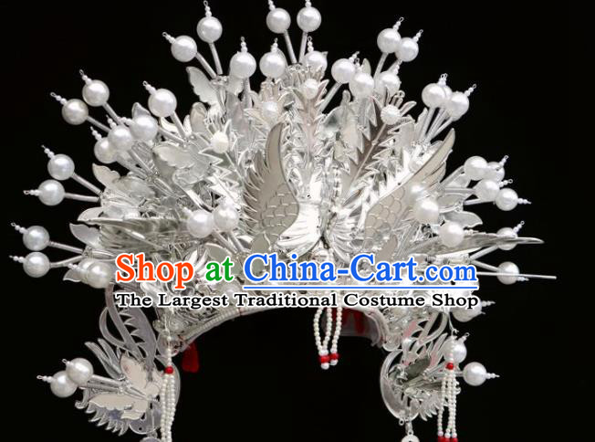 Chinese Traditional Beijing Opera Imperial Consort Hair Accessories Ancient Bride White Phoenix Coronet Headwear