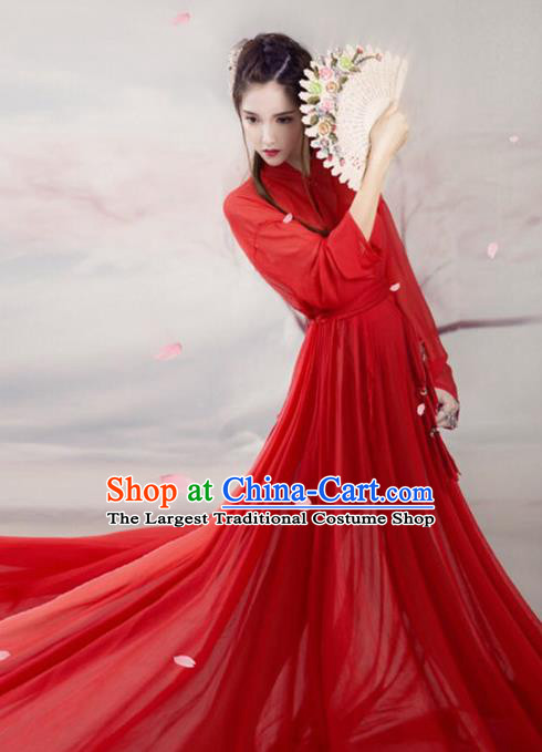 Chinese Ancient Swordswoman Red Hanfu Dress Traditional Han Dynasty Heroine Costume for Women