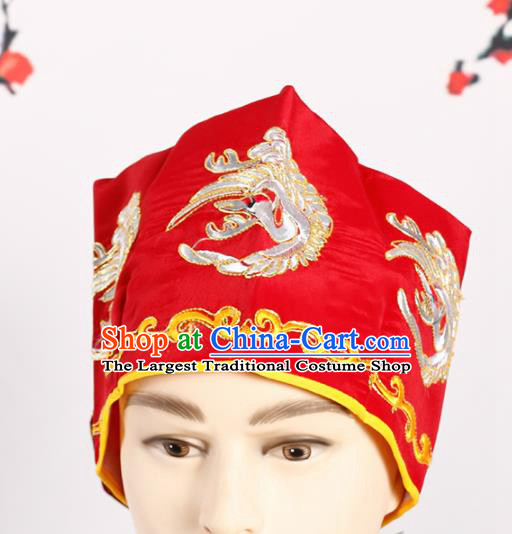 Chinese Traditional Beijing Opera Old Men Headwear Peking Opera Landlord Embroidered Crane Red Hat