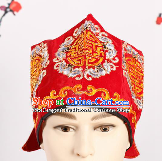 Chinese Traditional Beijing Opera Old Men Headwear Peking Opera Landlord Red Embroidered Hat