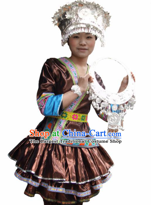 Chinese Traditional Miao Nationality Folk Dance Brown Costume Hmong Ethnic Pleated Skirt for Women
