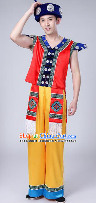 Chinese Traditional Zhuang Nationality Male Red Costume Ethnic Folk Dance Clothing for Men