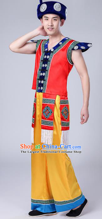 Chinese Traditional Zhuang Nationality Male Red Costume Ethnic Folk Dance Clothing for Men