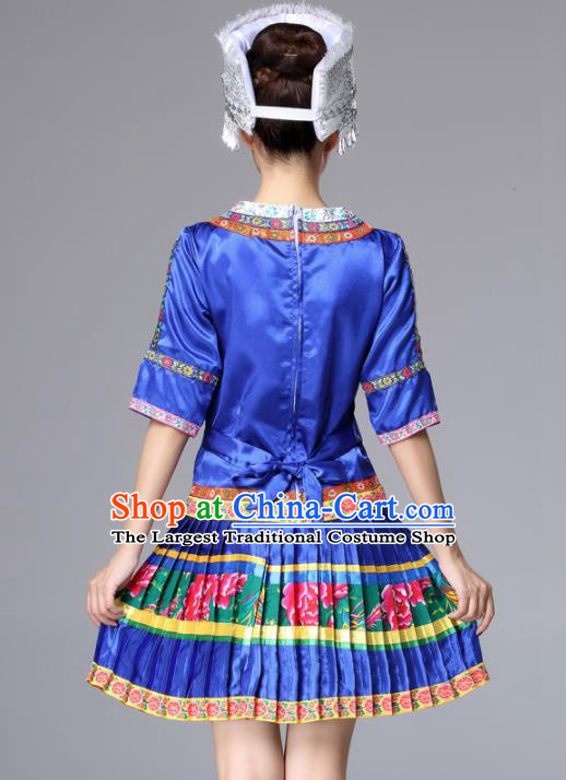 Chinese Traditional Miao Nationality Female Royalblue Costume Ethnic Folk Dance Pleated Skirt for Women