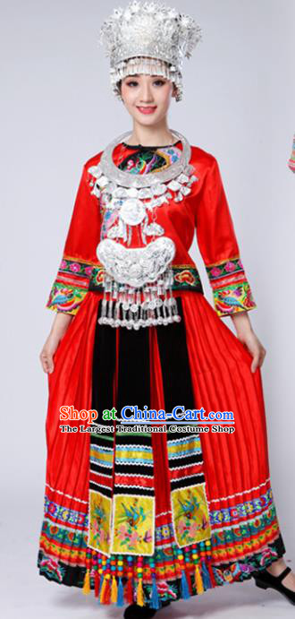 Chinese Traditional Miao Nationality Female Costume Ethnic Folk Dance Bride Red Long Pleated Skirt for Women