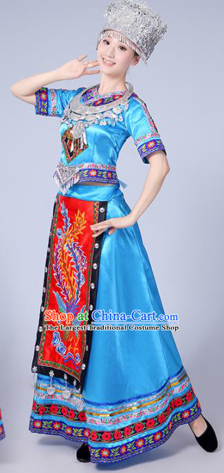 Chinese Traditional Miao Nationality Costume Hmong Female Ethnic Folk Dance Blue Long Dress for Women