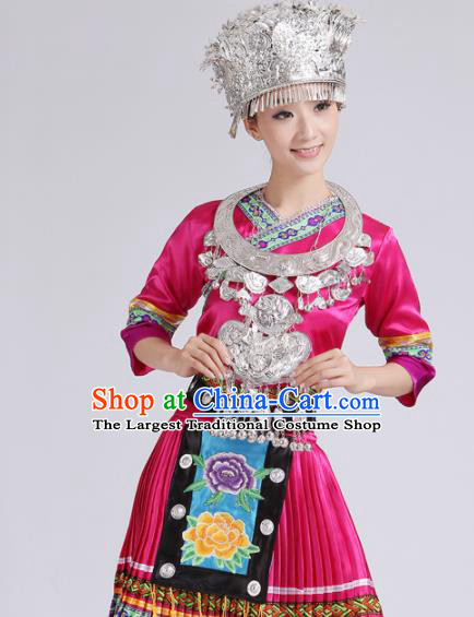 Chinese Traditional Miao Nationality Costume Hmong Female Ethnic Folk Dance Rosy Pleated Skirt for Women