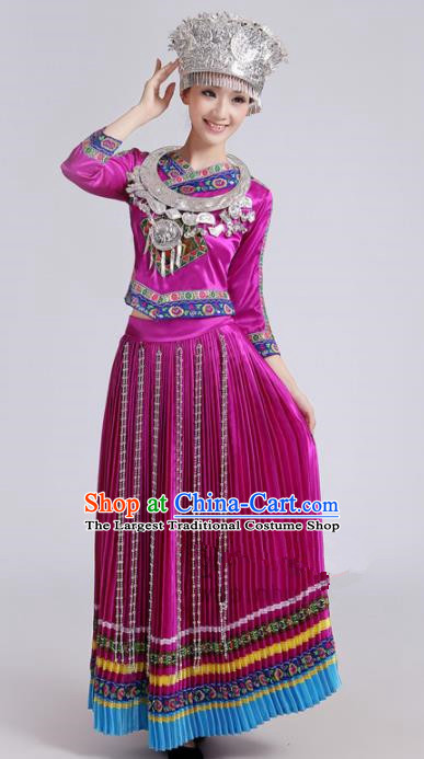 Chinese Traditional Miao Nationality Female Costume Hmong Ethnic Folk Dance Purple Pleated Skirt for Women