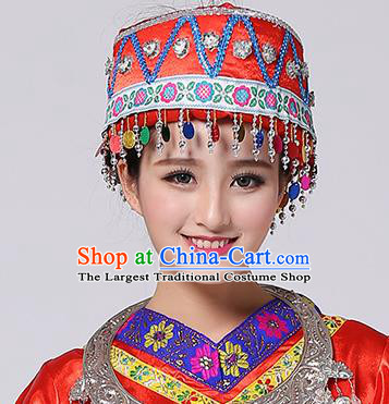 Chinese Traditional Miao Nationality Hair Accessories Hmong Bride Red Hat for Women