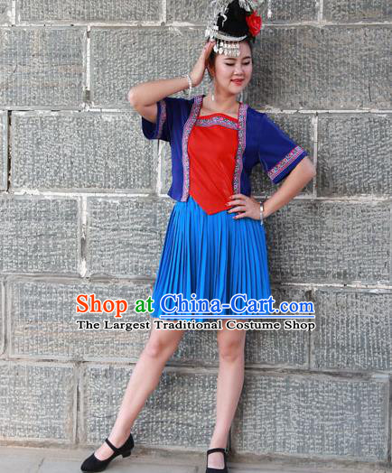 Chinese Traditional Miao Nationality Costume Ethnic Folk Dance Blue Dress for Women