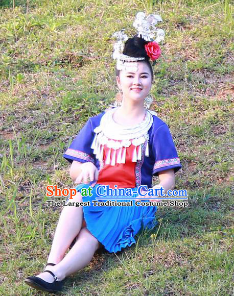 Chinese Traditional Miao Nationality Costume Ethnic Folk Dance Blue Dress for Women
