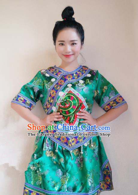 Chinese Traditional Miao Nationality Costume Ethnic Folk Dance Green Dress for Women