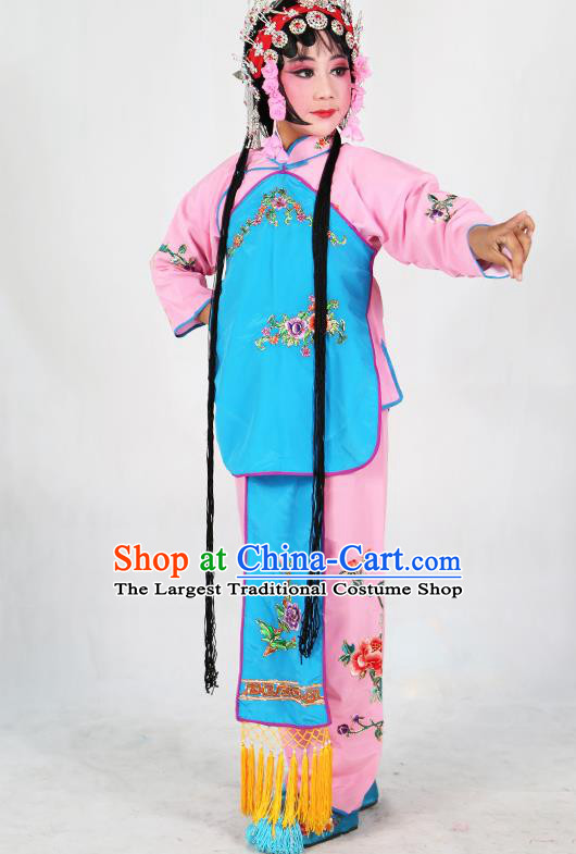 Traditional Chinese Beijing Opera Children Costume Peking Opera Maidservants Blue Vest Clothing for Kids