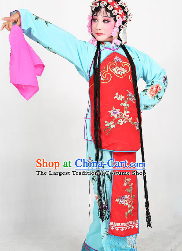 Traditional Chinese Beijing Opera Children Blue Costume Peking Opera Maidservants Red Vest Clothing for Kids