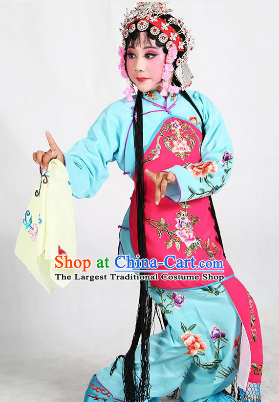 Traditional Chinese Beijing Opera Children Blue Costume Peking Opera Maidservants Rosy Vest Clothing for Kids