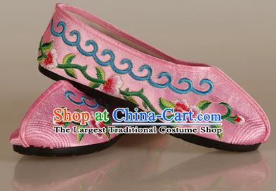 Asian Chinese Beijing Opera Shoes Embroidered Shoes Traditional Peking Opera Diva Pink Satin Shoes