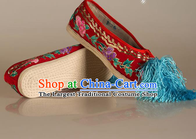 Asian Chinese Beijing Opera Shoes Red Cloth Embroidered Shoes Traditional Peking Opera Diva Shoes