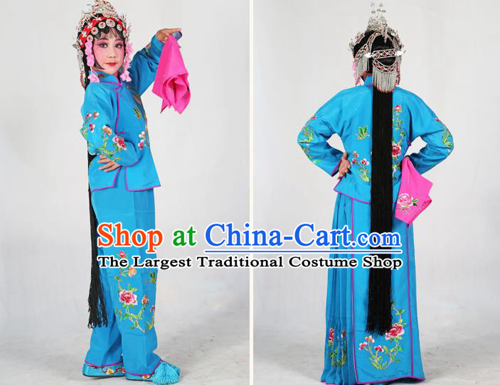 Traditional Chinese Beijing Opera Children Costume Peking Opera Maidservants Deep Blue Dress for Kids