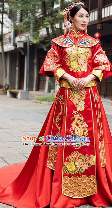 Traditional Chinese Wedding Costume Ancient Bride Embroidered Red Trailing Xiuhe Suits for Women