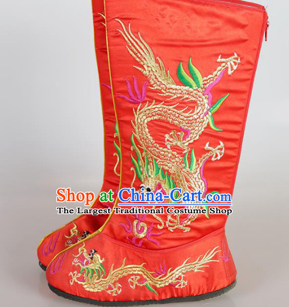 Asian Chinese Beijing Opera Shoes Emperor Red Embroidered Boots Traditional Peking Opera Shoes
