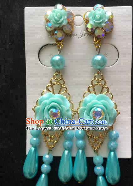 Asian Chinese Beijing Opera Jewelry Accessories Blue Rose Earrings for Women