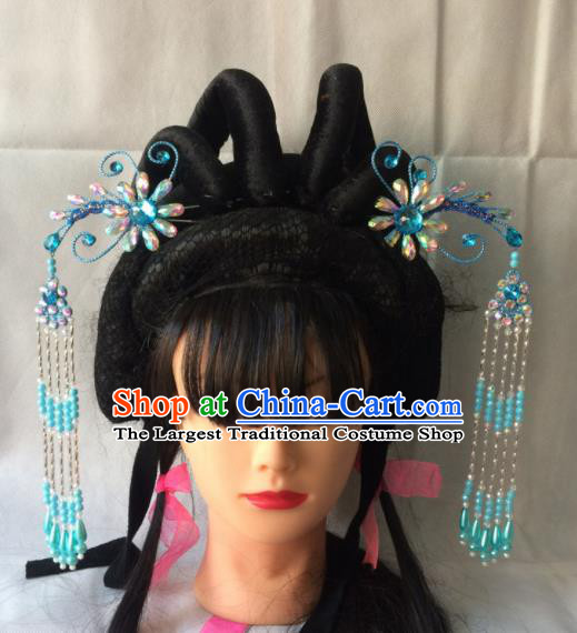 Asian Chinese Beijing Opera Hair Accessories Blue Tassel Step Shake Hairpins for Women
