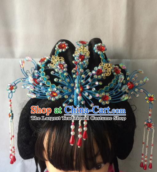 Asian Chinese Beijing Opera Hair Accessories Ancient Princess Blue Phoenix Coronet Hairpins for Women