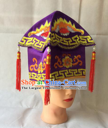 Asian Chinese Beijing Opera Niche Headwear Ancient Adviser Purple Hat for Men