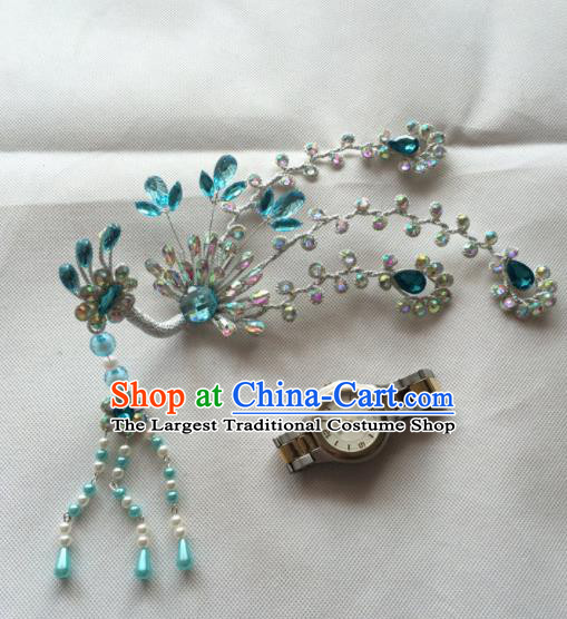 Asian Chinese Beijing Opera Hair Accessories Blue Crystal Phoenix Hair Clip Ancient Princess Hairpins for Women