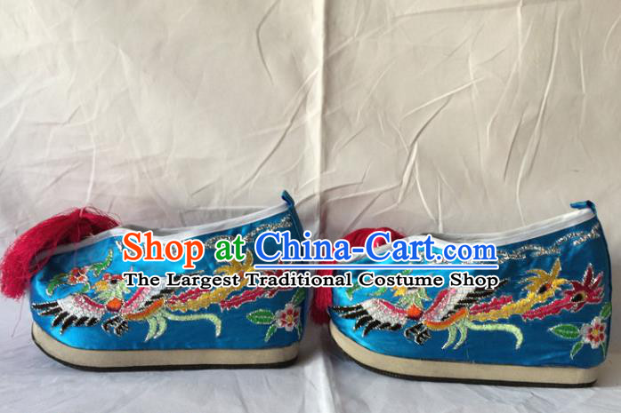 Asian Chinese Beijing Opera Shoes Ancient Princess Shoes Blue Embroidered Shoes for Women