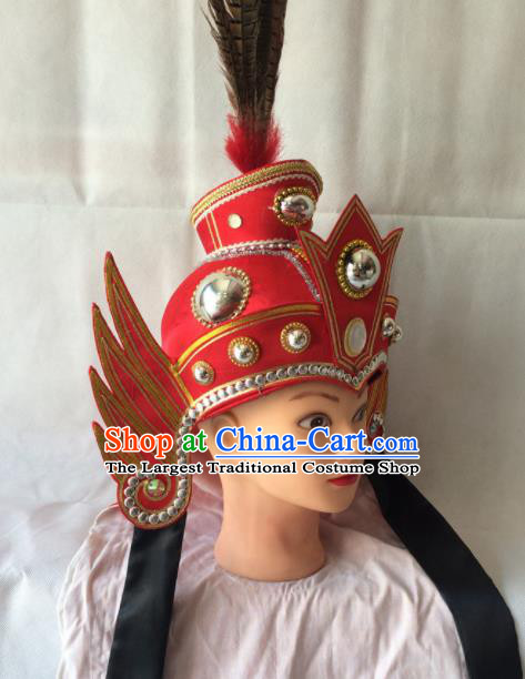 Asian Chinese Beijing Opera Takefu Headwear Ancient General Red Helmet Hat for Men