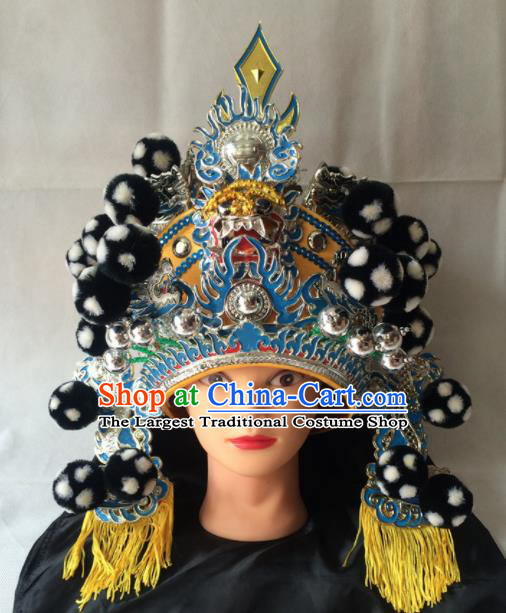 Asian Chinese Traditional Beijing Opera Black Helmet Headwear Ancient General Hat for Men