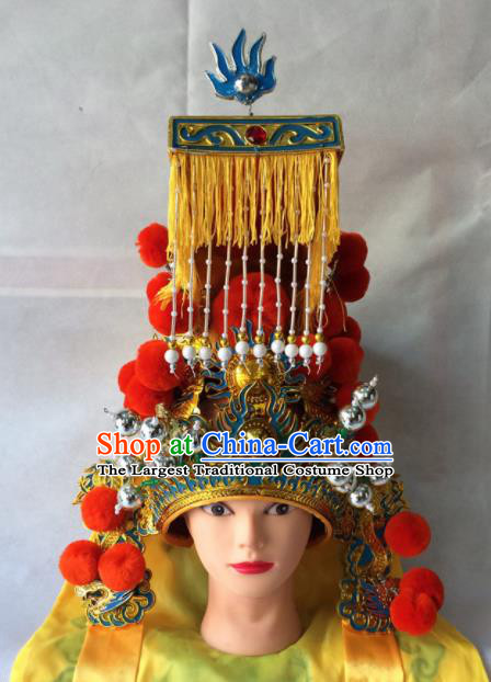 Asian Chinese Traditional Beijing Opera Helmet Headwear Ancient Emperor Tassel Hat for Men