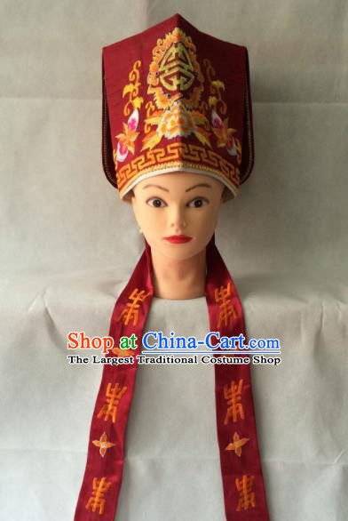 Asian Chinese Traditional Beijing Opera Old Men Headwear Ancient Landlord Red Hat for Men