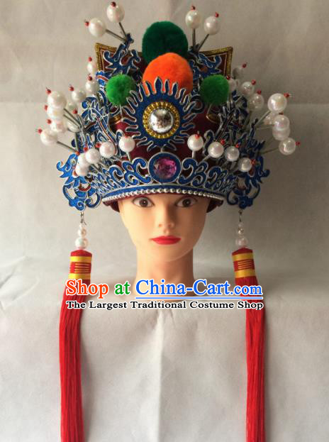 Asian Chinese Traditional Beijing Opera Headwear Ancient General Red Hat for Men