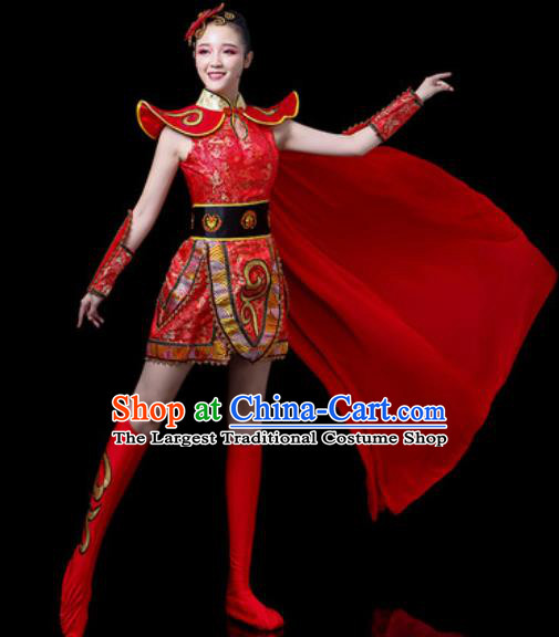 Traditional Chinese Folk Dance Costume Stage Performance Drum Dance Red Clothing for Women