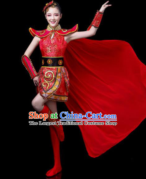 Traditional Chinese Folk Dance Costume Stage Performance Drum Dance Red Clothing for Women