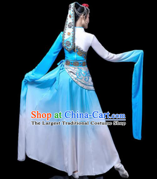 Chinese Traditional Ethnic Dance Costume Zang Nationality Stage Dance Blue Dress for Women
