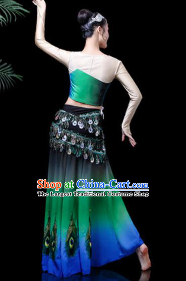 Chinese Traditional Ethnic Dance Costume Dai Nationality Peacock Dance Green Dress for Women