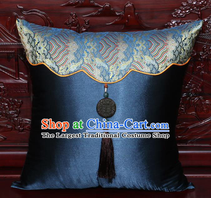 Chinese Classical Pattern Jade Pendant Navy Brocade Square Cushion Cover Traditional Household Ornament