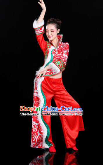 Chinese Traditional Folk Dance Yangko Dance Winter Costume Fan Dance Red Clothing for Women