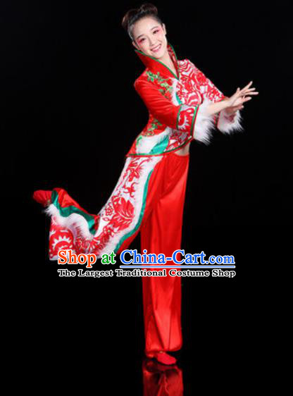 Chinese Traditional Folk Dance Yangko Dance Winter Costume Fan Dance Red Clothing for Women