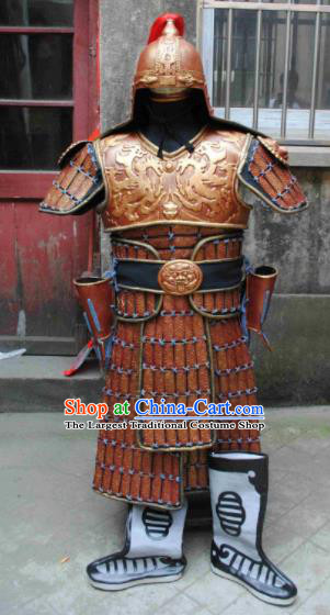 Chinese Ancient Drama Han Dynasty Warrior General Golden Body Armor and Helmet Complete Set
